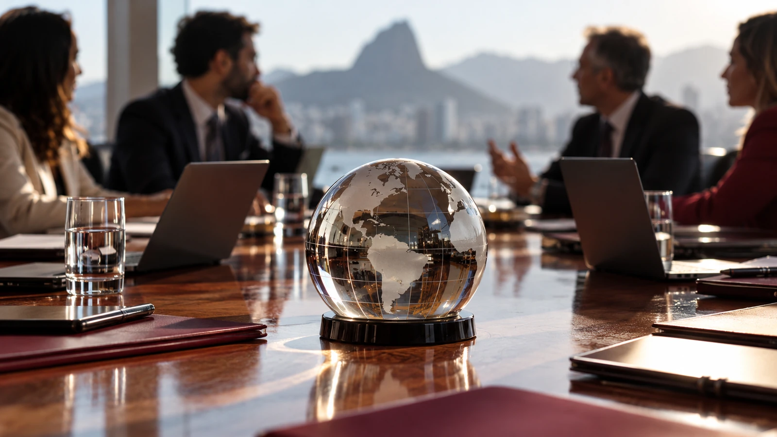Composição fotorrealista gerada por IA: globo de vidro e computadores sobre mesa de cooperação internacional, com participantes desfocados.
