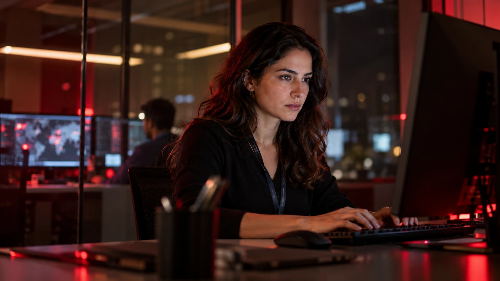 Composição fotorrealista gerada por IA: profissional trabalha na segurança de sistemas em uma estação de computadores.