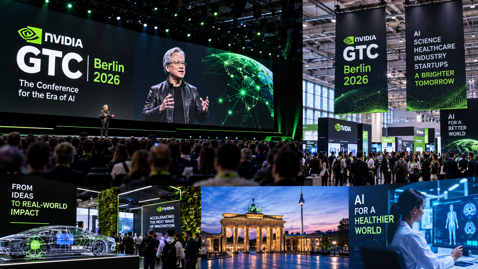 Composição visual ilustrativa sobre a missão brasileira na NVIDIA GTC Berlin 2026; não é registro documental do evento.