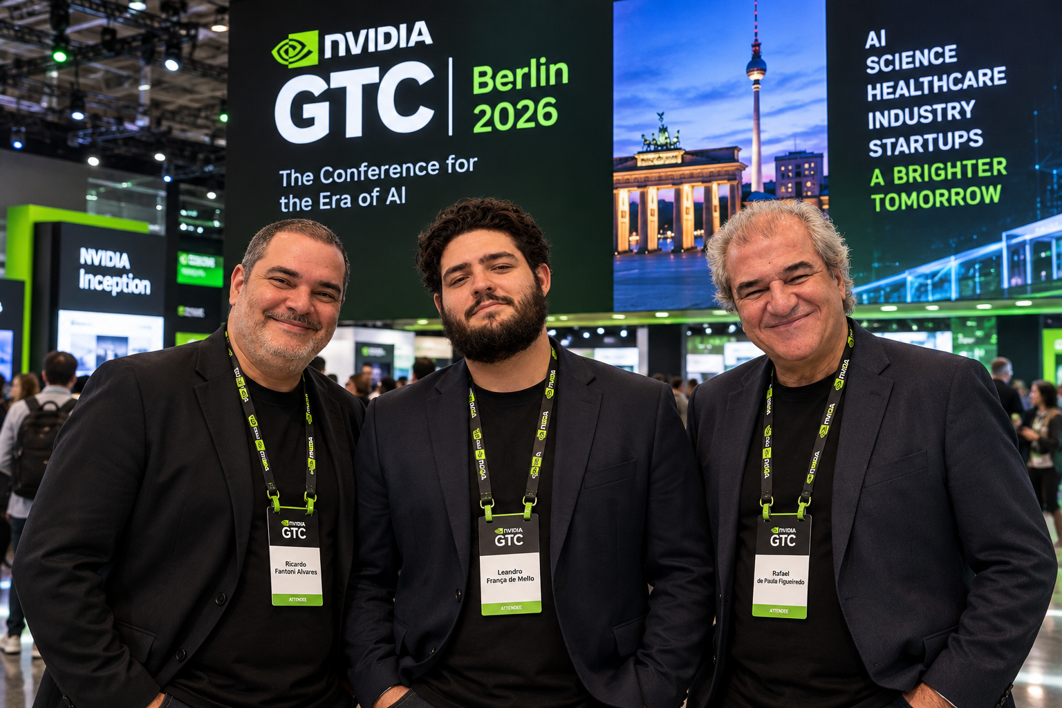 Composição visual ilustrativa sobre a missão brasileira na NVIDIA GTC Berlin 2026; não é registro documental do evento.