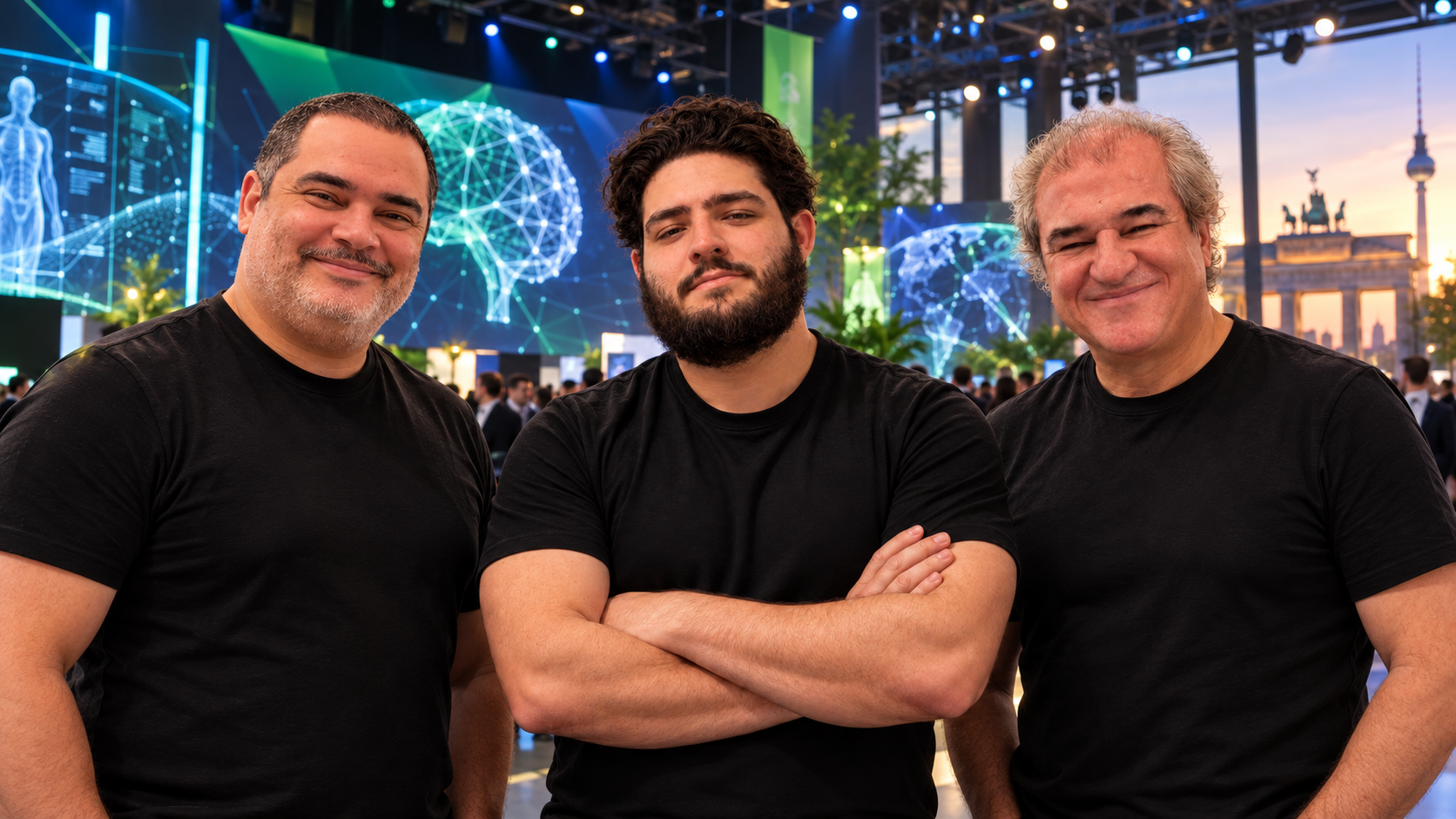 Composição visual ilustrativa sobre a missão brasileira na NVIDIA GTC Berlin 2026; não é registro documental do evento.
