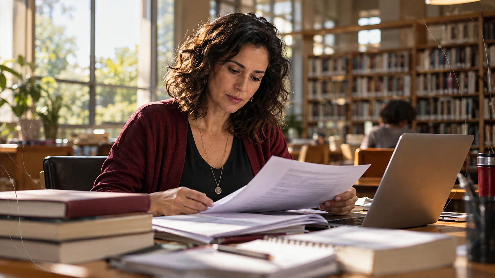 Composição fotorrealista gerada por IA: professora revisa documentos acadêmicos em uma biblioteca universitária.